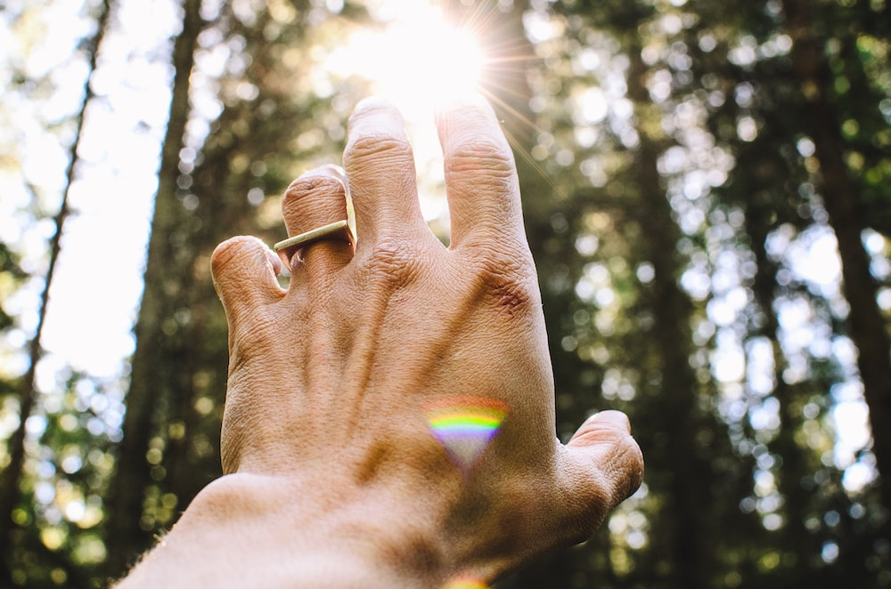 Person’s hand pointed towards sunlight