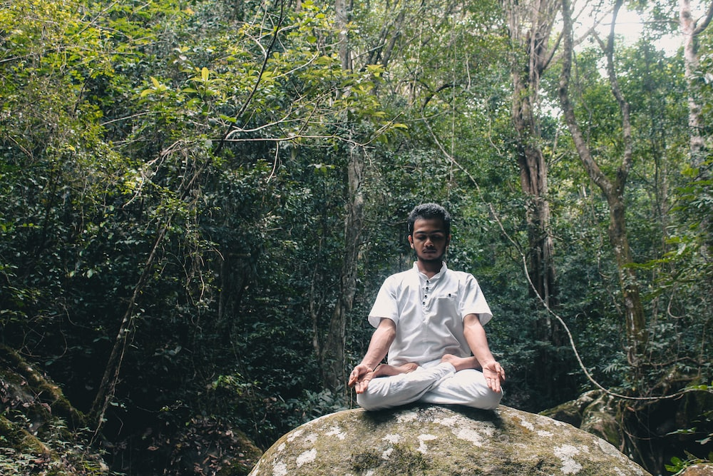 A person meditating in the forest